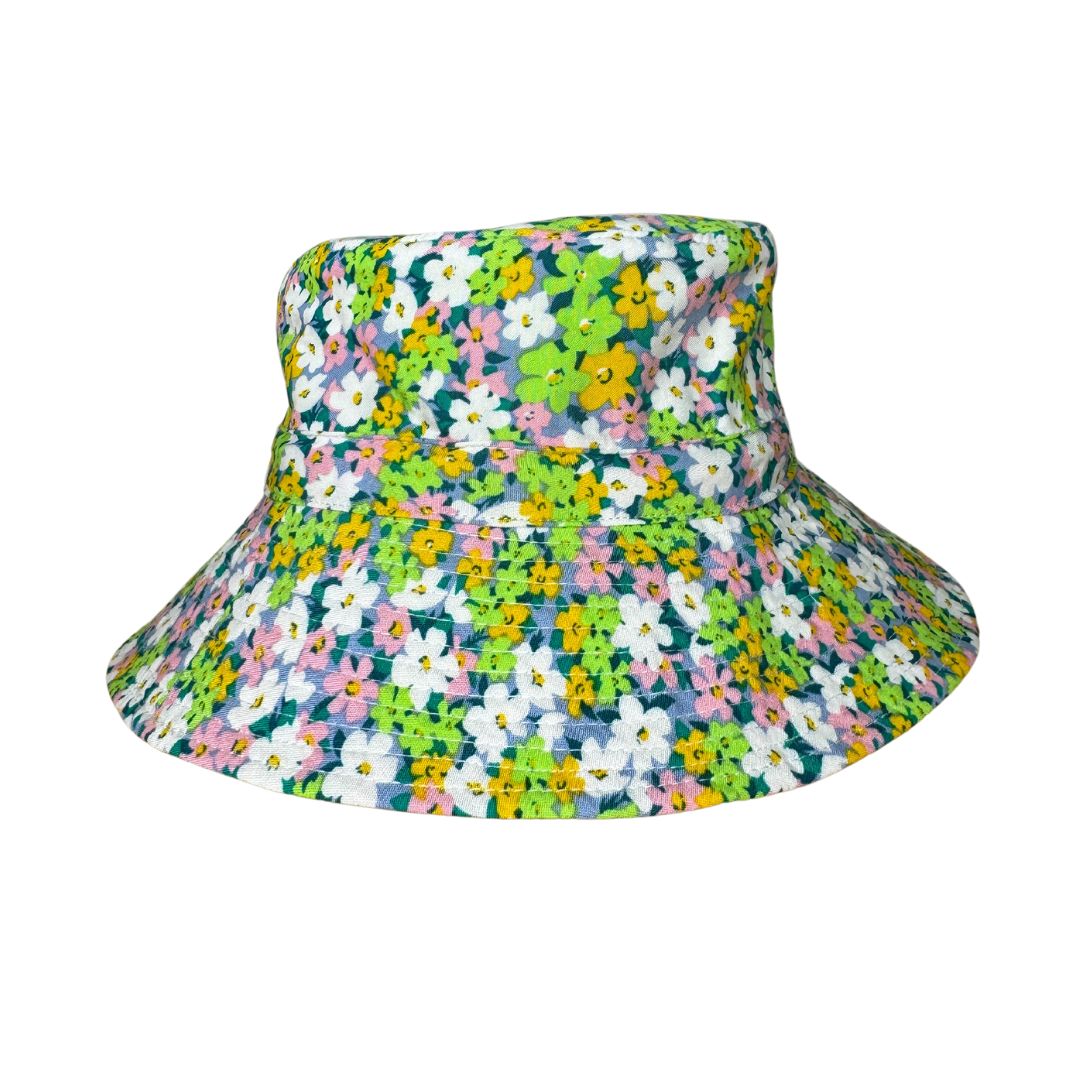 Girls Floral Flowers Bucket Hat. Extra wide brim for sun protection. UPF50+ Adjustable strap.