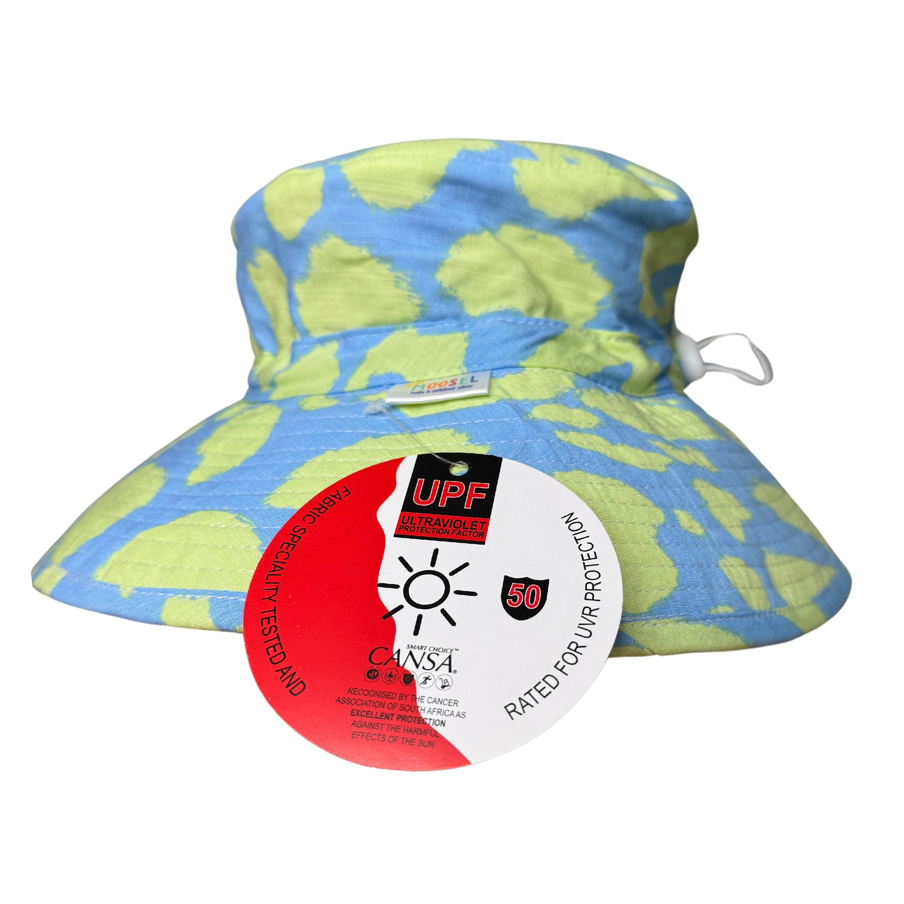 Blue Lime Tropical Animal Print Bucket Hat. Extra wide brim for sun protection. UPF50+ Adjustable strap.