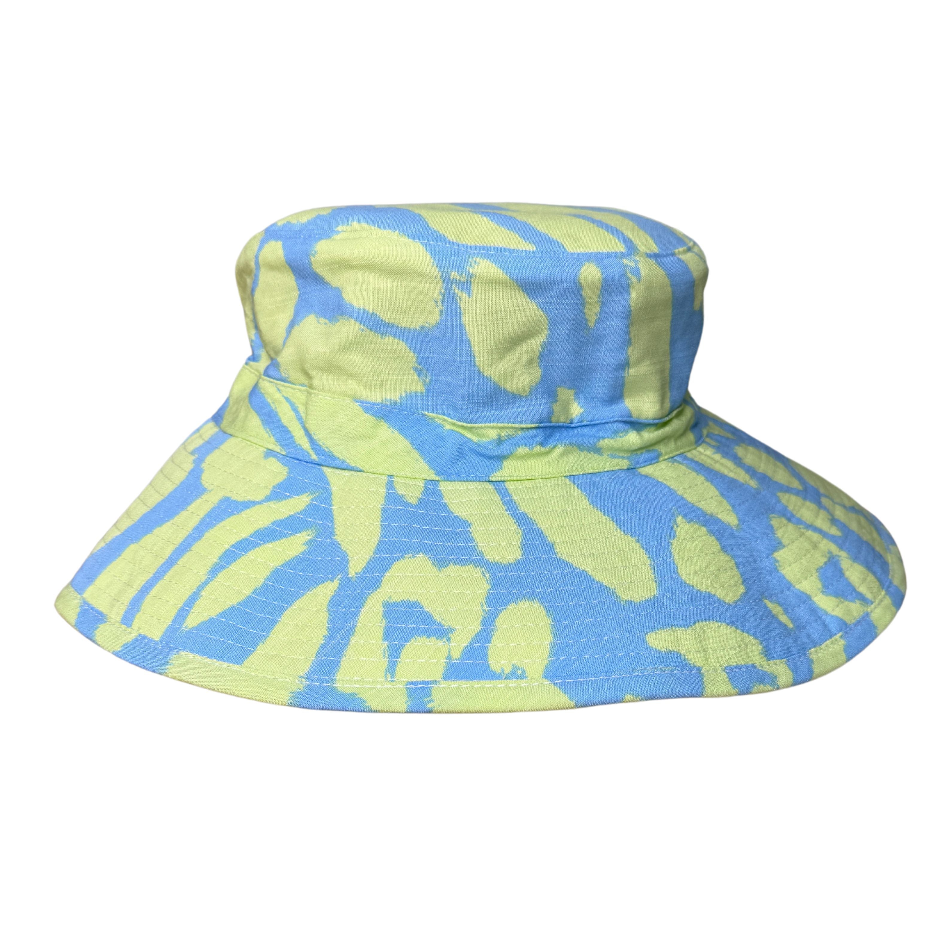 Blue Lime Tropical Animal Print Bucket Hat. Extra wide brim for sun protection. UPF50+ Adjustable strap.