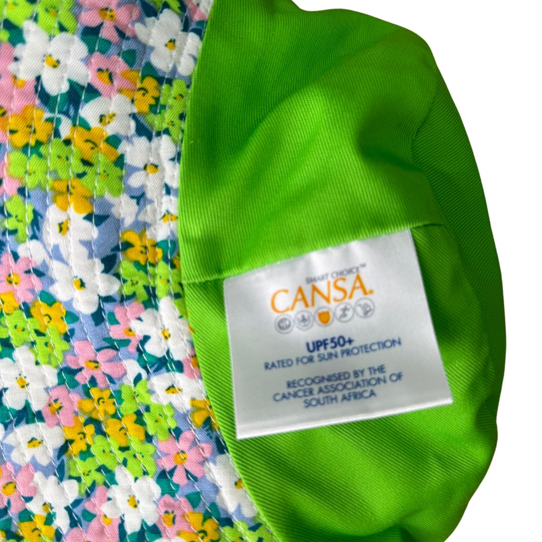 Girls Floral Flowers Bucket Hat. Extra wide brim for sun protection. UPF50+ Adjustable strap.