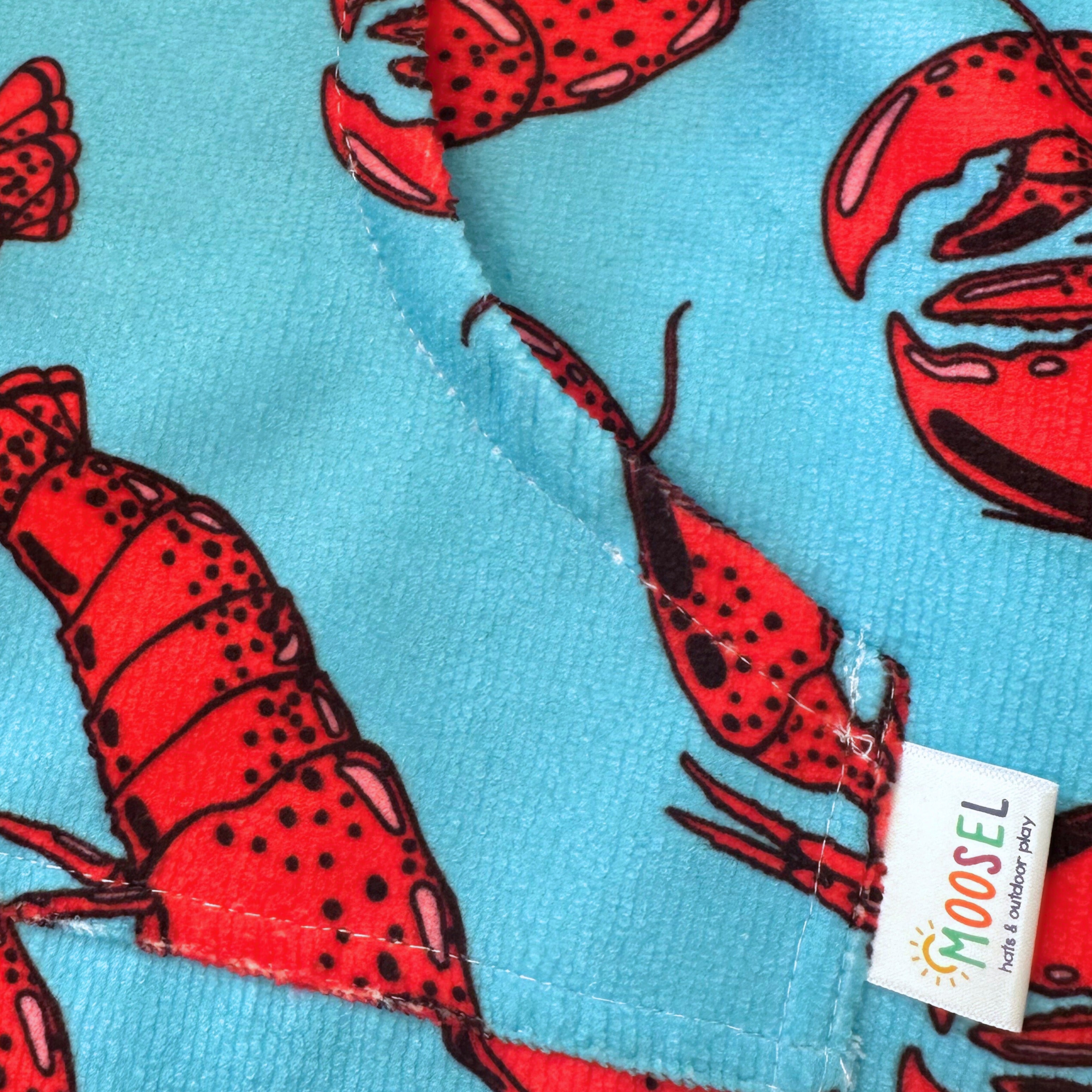 Boys Lobster Hooded Towel. Beach accessory. Hoodie to cover head. Long Sleeves. Front Zip & Pockets. UPF50+ Certified