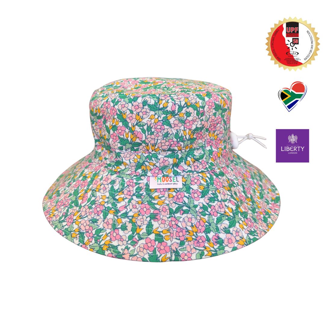 Girls Liberty of London Tana Lawn Original Fabric Bucket Hat. Extra wide brim for sun protection. UPF50+ Adjustable strap for windy days.