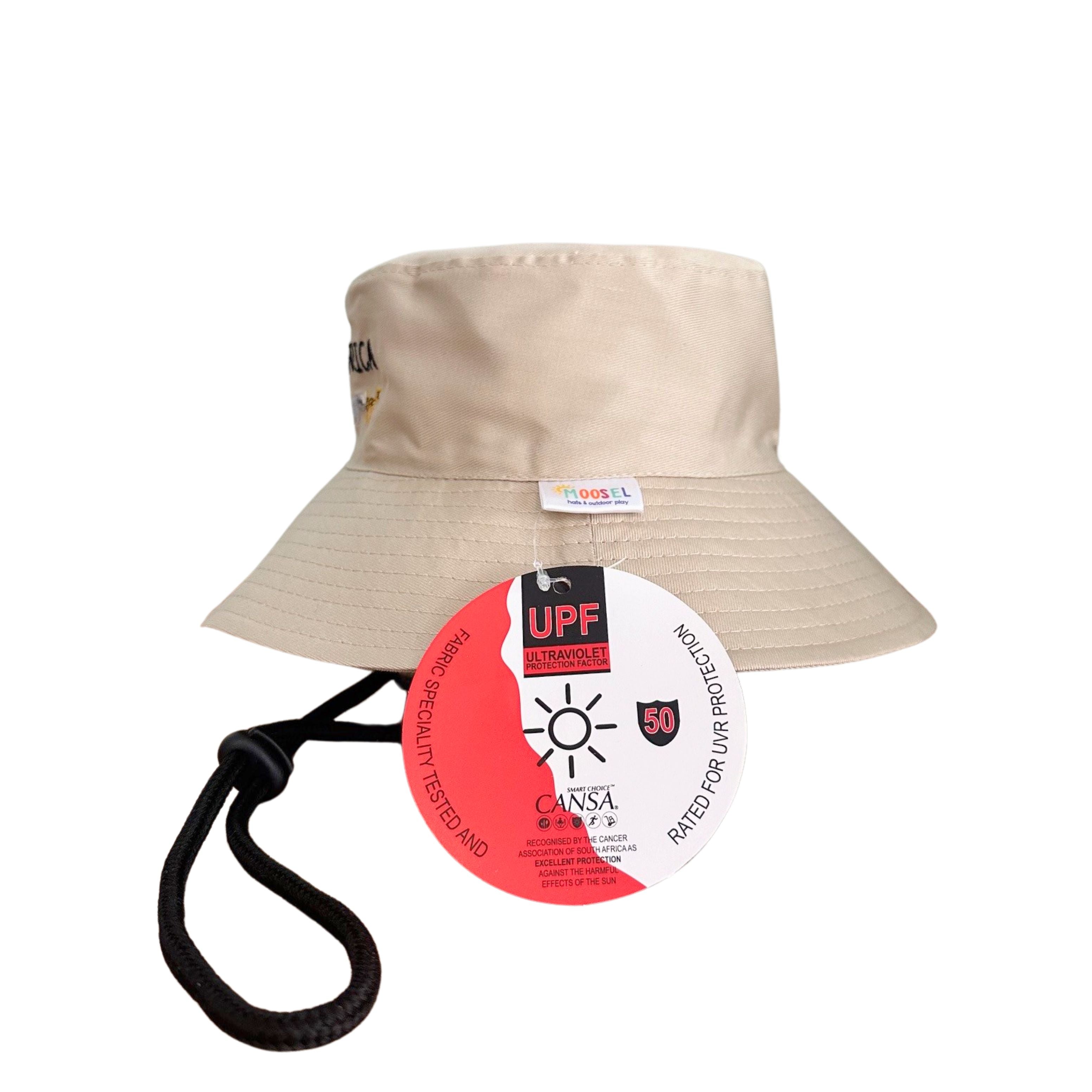 Kids Beige South Africa Big five 5 animals Bucket Hat. Extra wide brim for sun protection. UPF50+ Adjustable strap.
