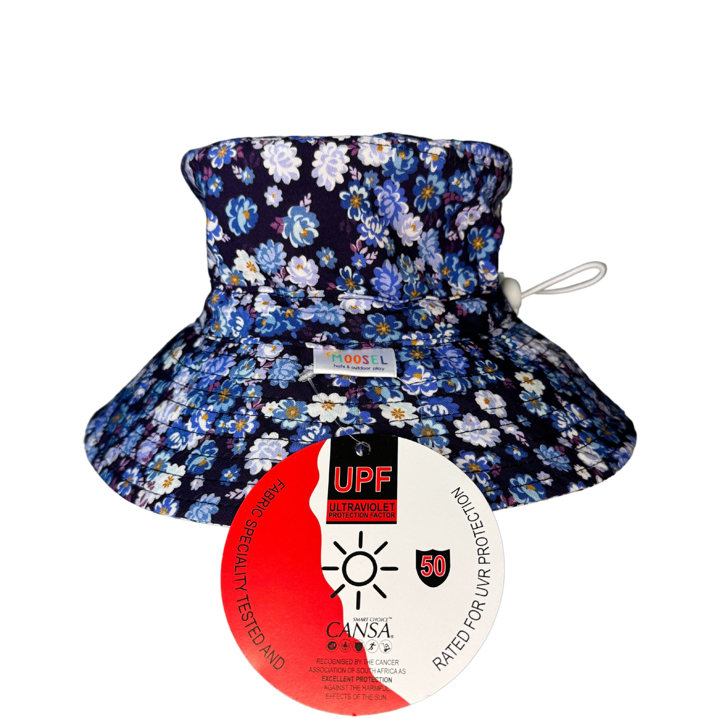 Girls Navy Floral Flowers Bucket Hat. Extra wide brim for sun protection. UPF50+ Adjustable strap.