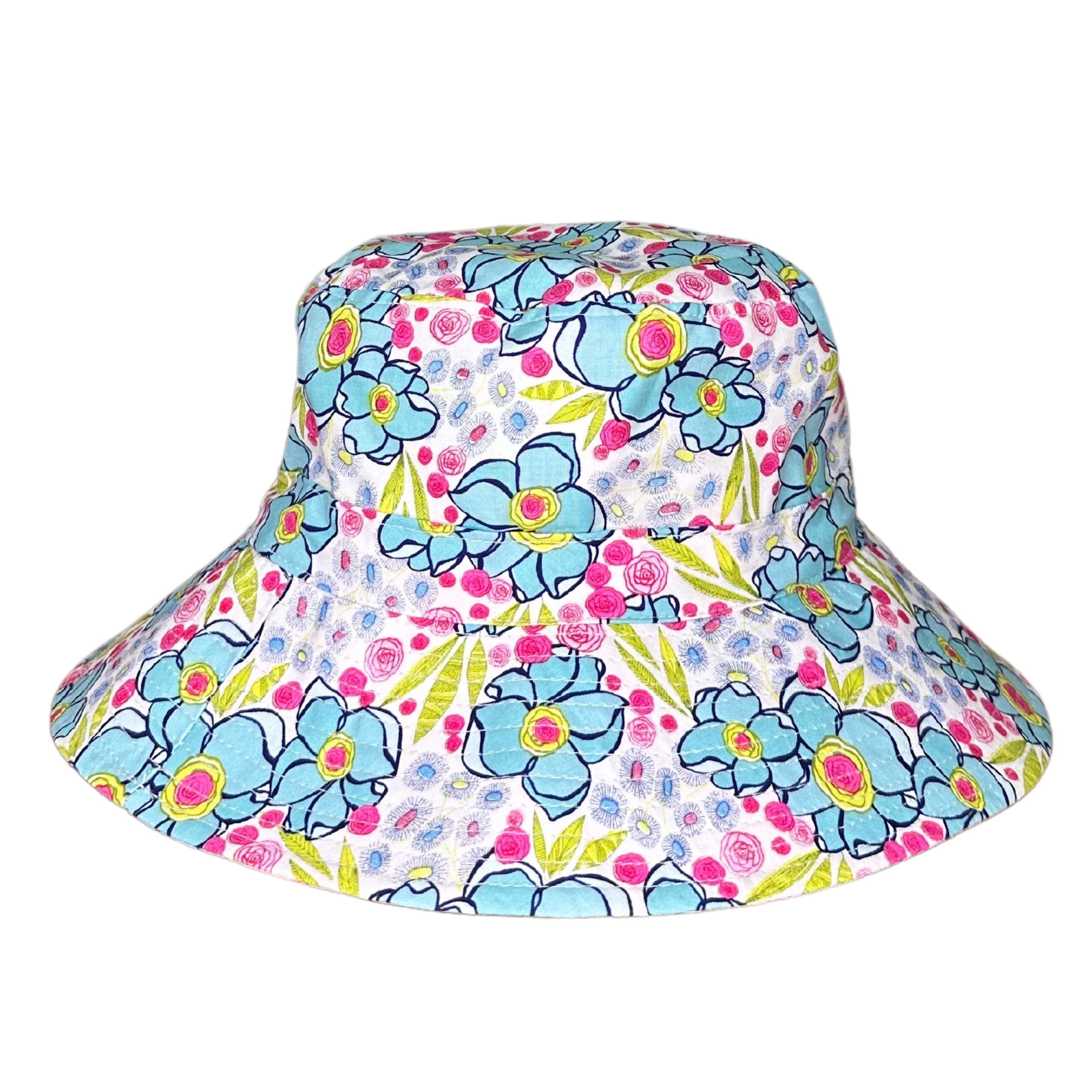 Girls Blue Pink Floral Flowers Bucket Hat. Extra wide brim for sun protection. UPF50+ Adjustable strap.