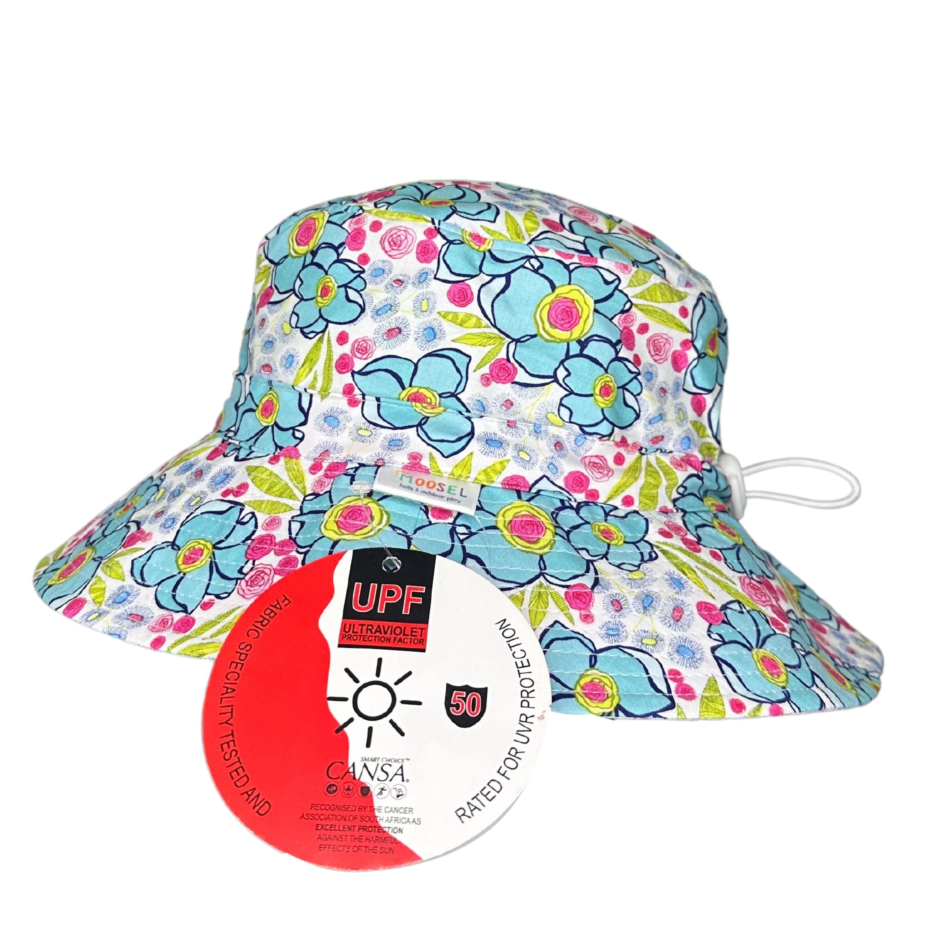 Girls Blue Pink Floral Flowers Bucket Hat. Extra wide brim for sun protection. UPF50+ Adjustable strap.