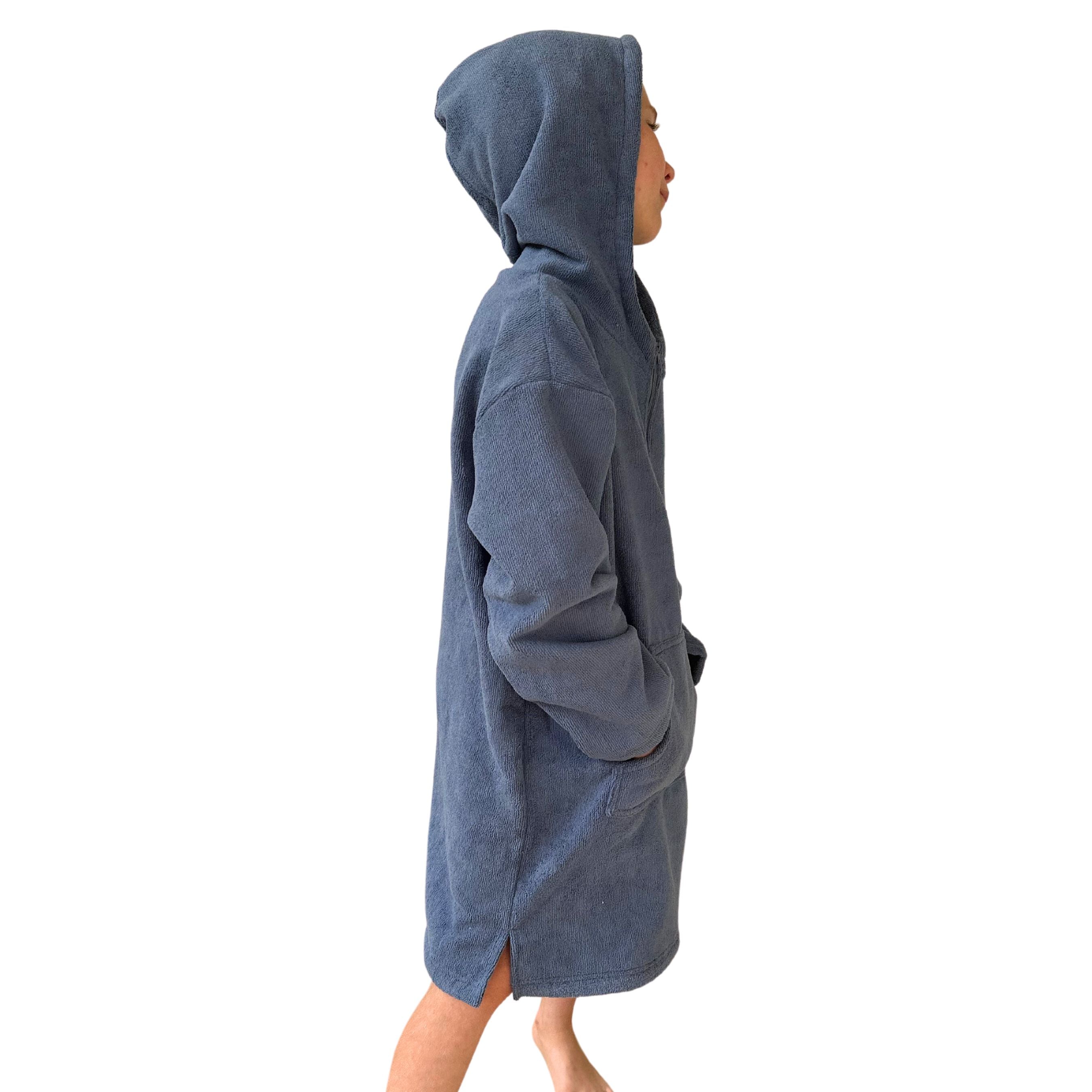 Kids Blue Hooded Towel. Beach accessory. Hoodie to cover head. Long Sleeves. Front Zip & Pockets. UPF50+ Certified