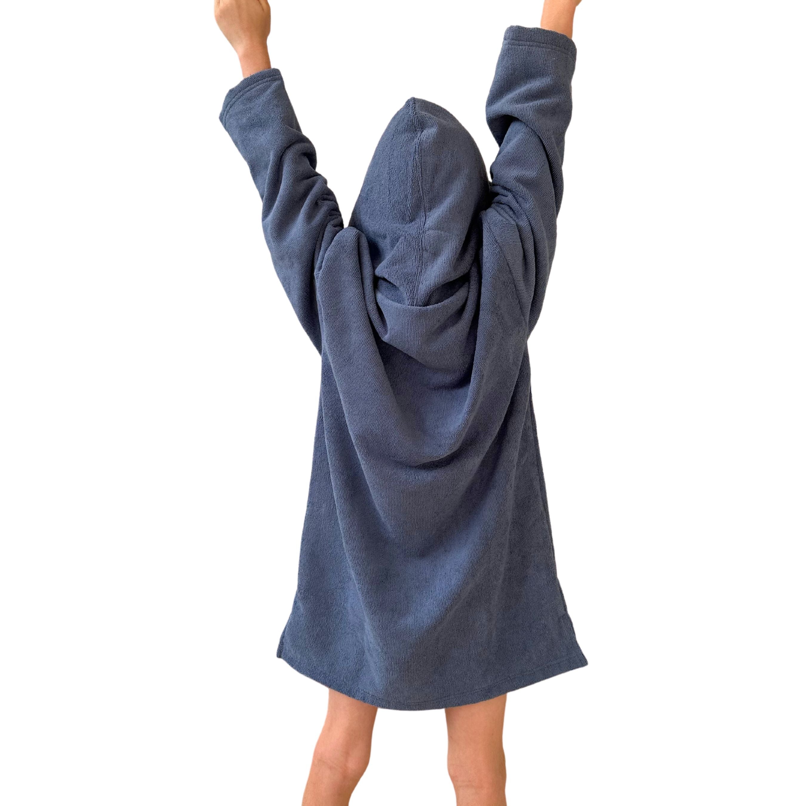 Kids Blue Hooded Towel. Beach accessory. Hoodie to cover head. Long Sleeves. Front Zip & Pockets. UPF50+ Certified