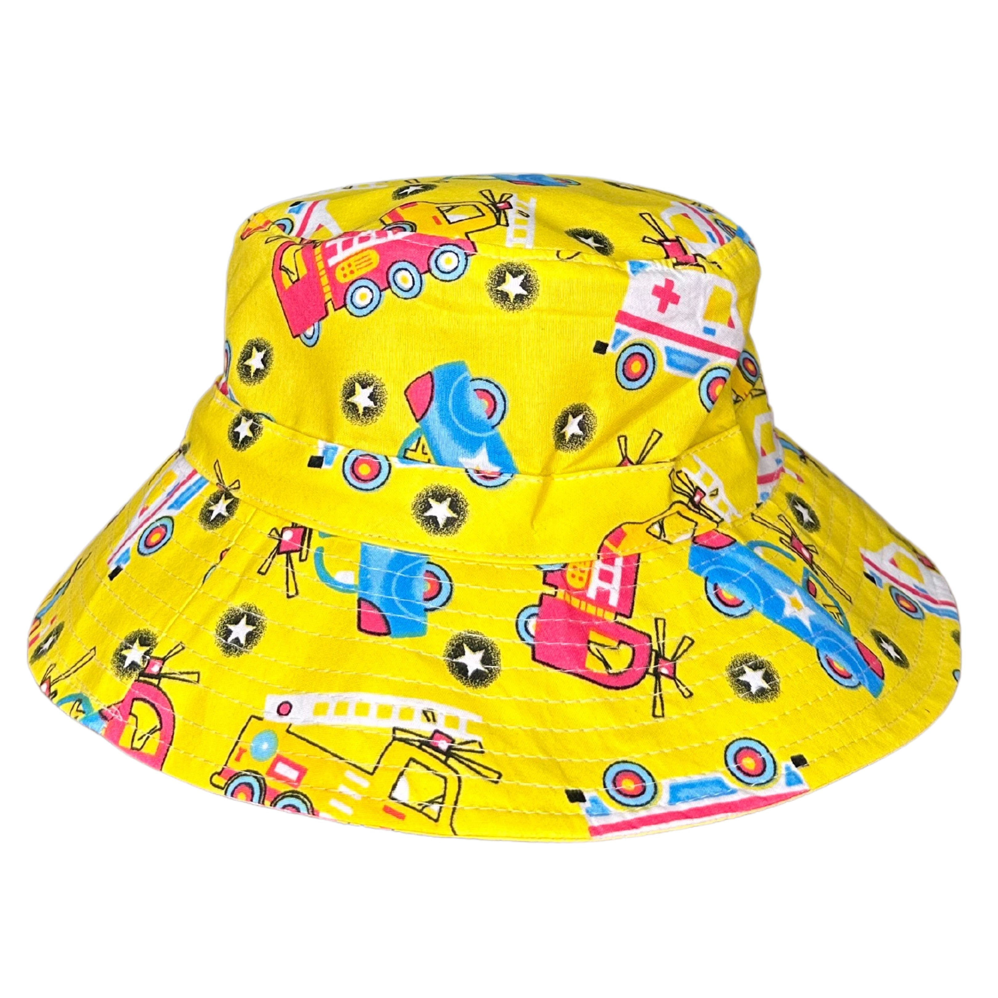 Boys Emergency Construction Vehicles Bucket Hat. Extra wide brim for sun protection. UPF50+ Adjustable strap.