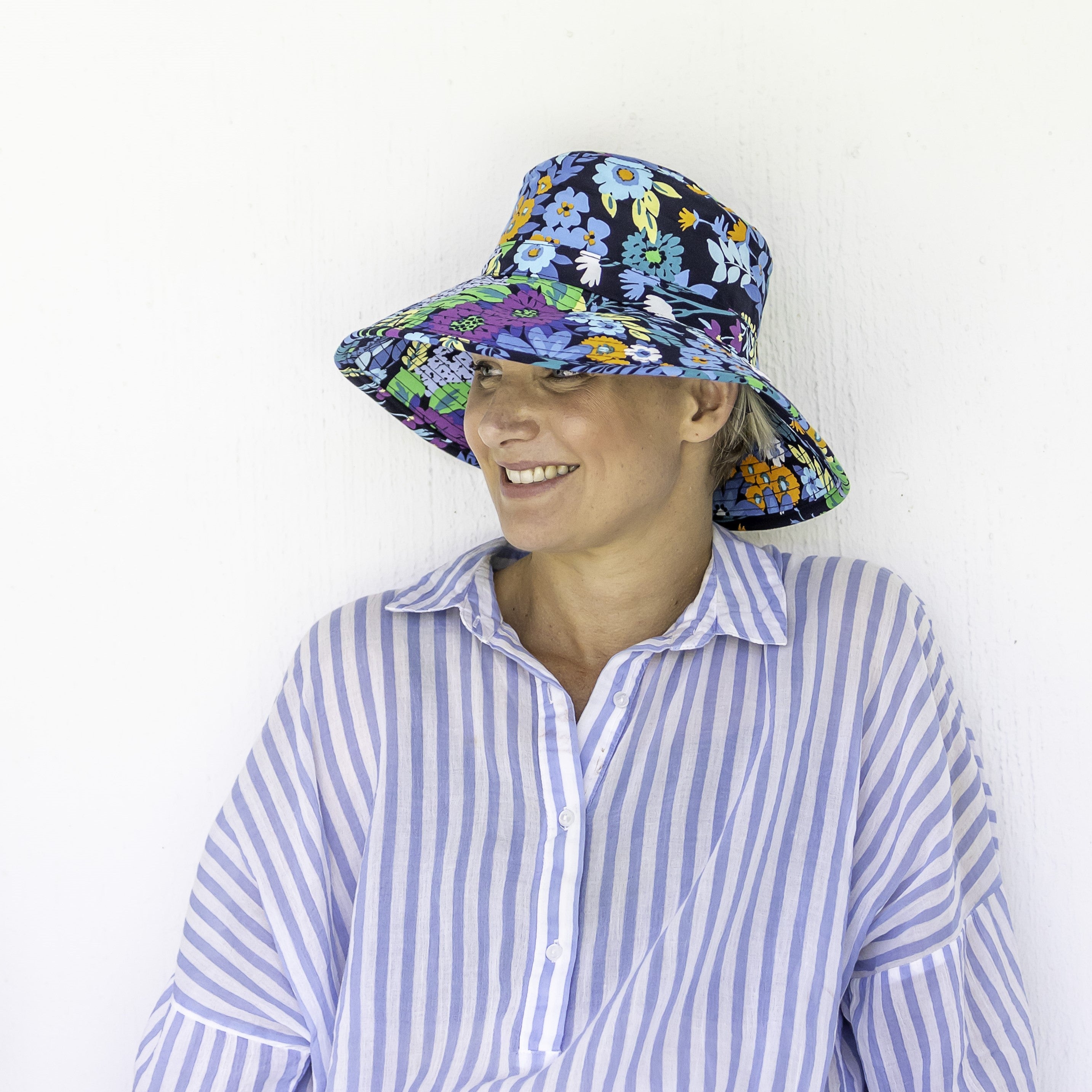 Pink Peach Flowers Floral Bucket Hat. Extra wide brim for sun protection. UPF50+ Adjustable strap.