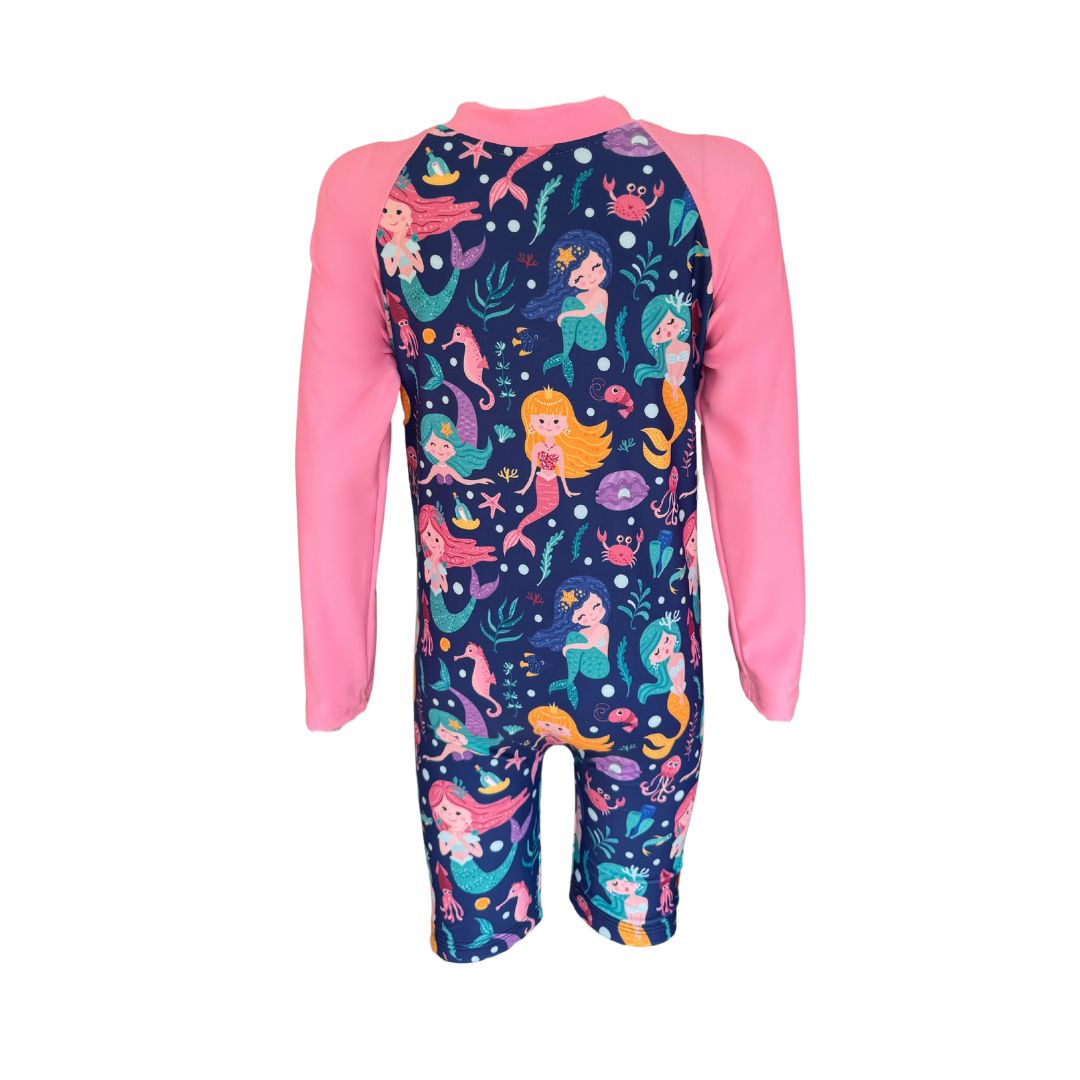 Girls Toddler Mermaid Swim Onesue Bathing Suit in bright vibrant colours. Long sleeves, high neck cover. UPF50+ certified. Front zip. Dermatologist approved
