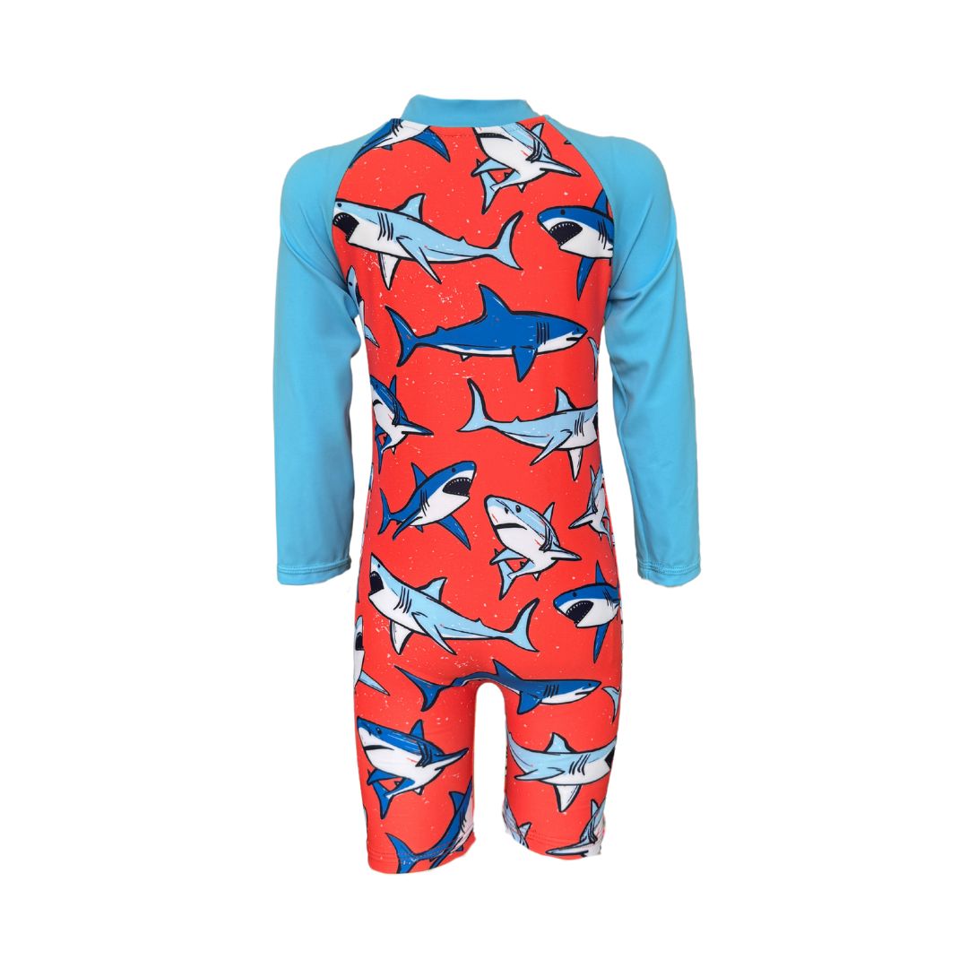 Boys Orange & blue Swim Onesue Bathing Suit in bright vibrant colours. Long sleeves, high neck cover. UPF50+ certified. Front zip. Dermatologist approved