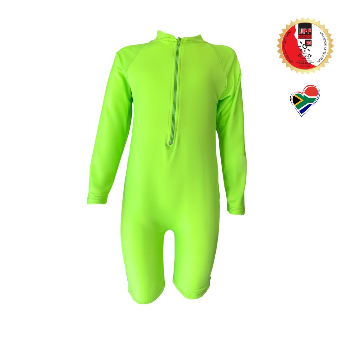 Toddlers bright lime neon Onesie in bright vibrant colours. Long sleeves, high neck cover. UPF50+ certified. Front zip. Dermatologist approved. Water safety essential to spot kids easily.