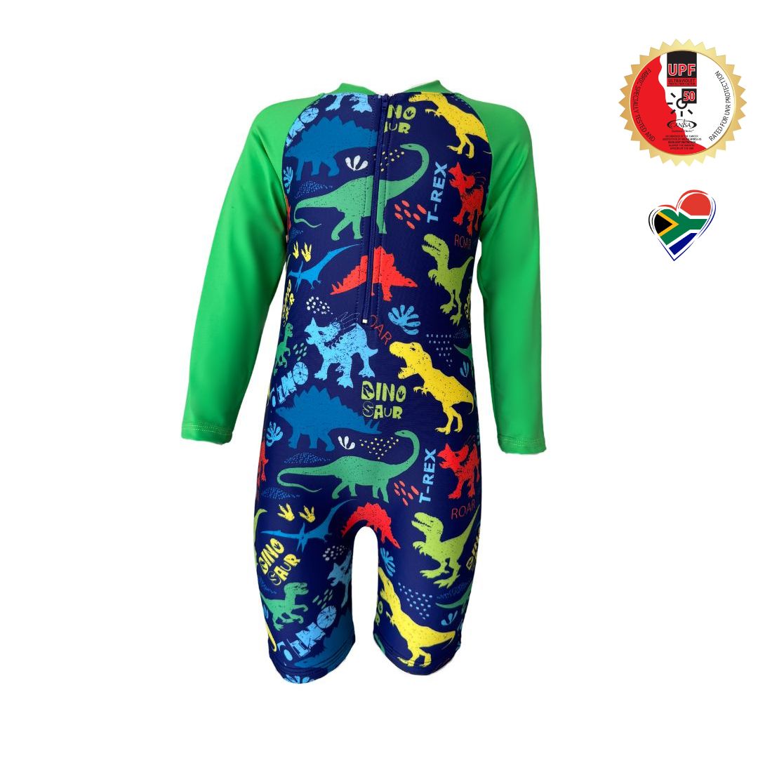 Dinosaurs Print Onesie in bright vibrant colours. Long sleeves, high neck cover. UPF50+ certified. Front zip. Dermatologist approved