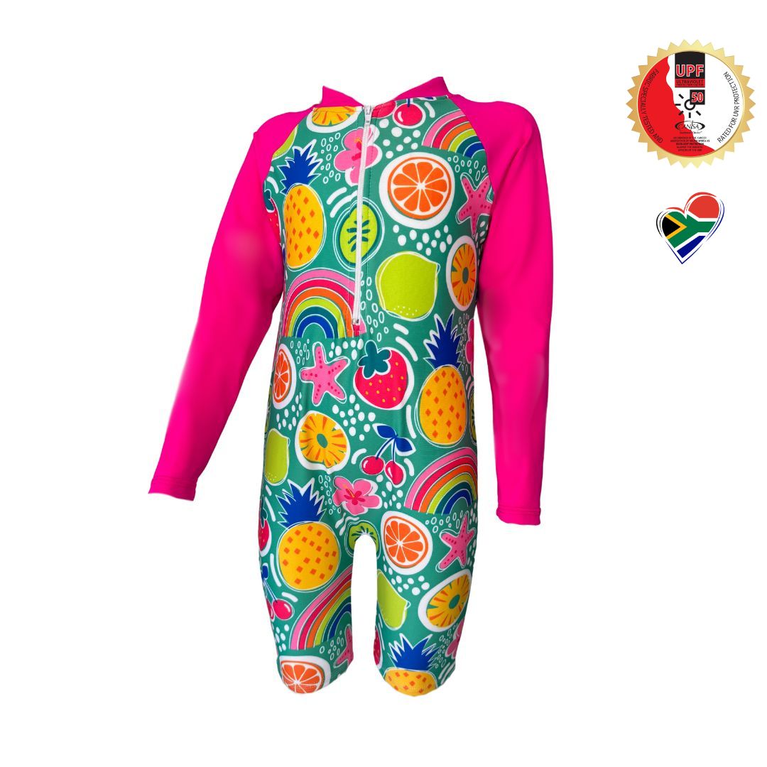 Girls pink tropical fruity Onesie in bright vibrant colours. Long sleeves, high neck cover. UPF50+ certified. Front zip. Dermatologist approved