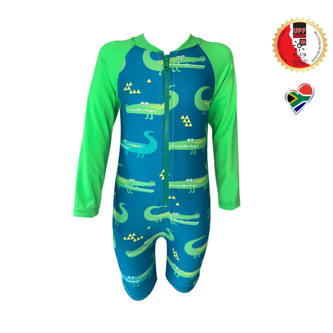 Crocodiles Onesie in bright vibrant colours. Long sleeves, high neck cover. UPF50+ certified. Front zip. Dermatologist approved