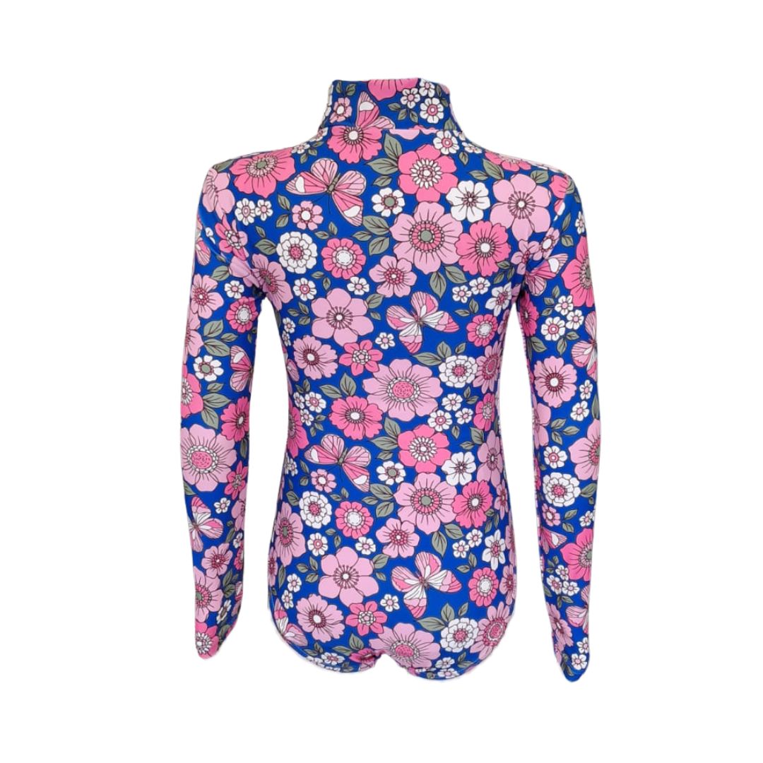 Girls Pink Flower Power Swim Costume | Long Sleeve, Front Zip