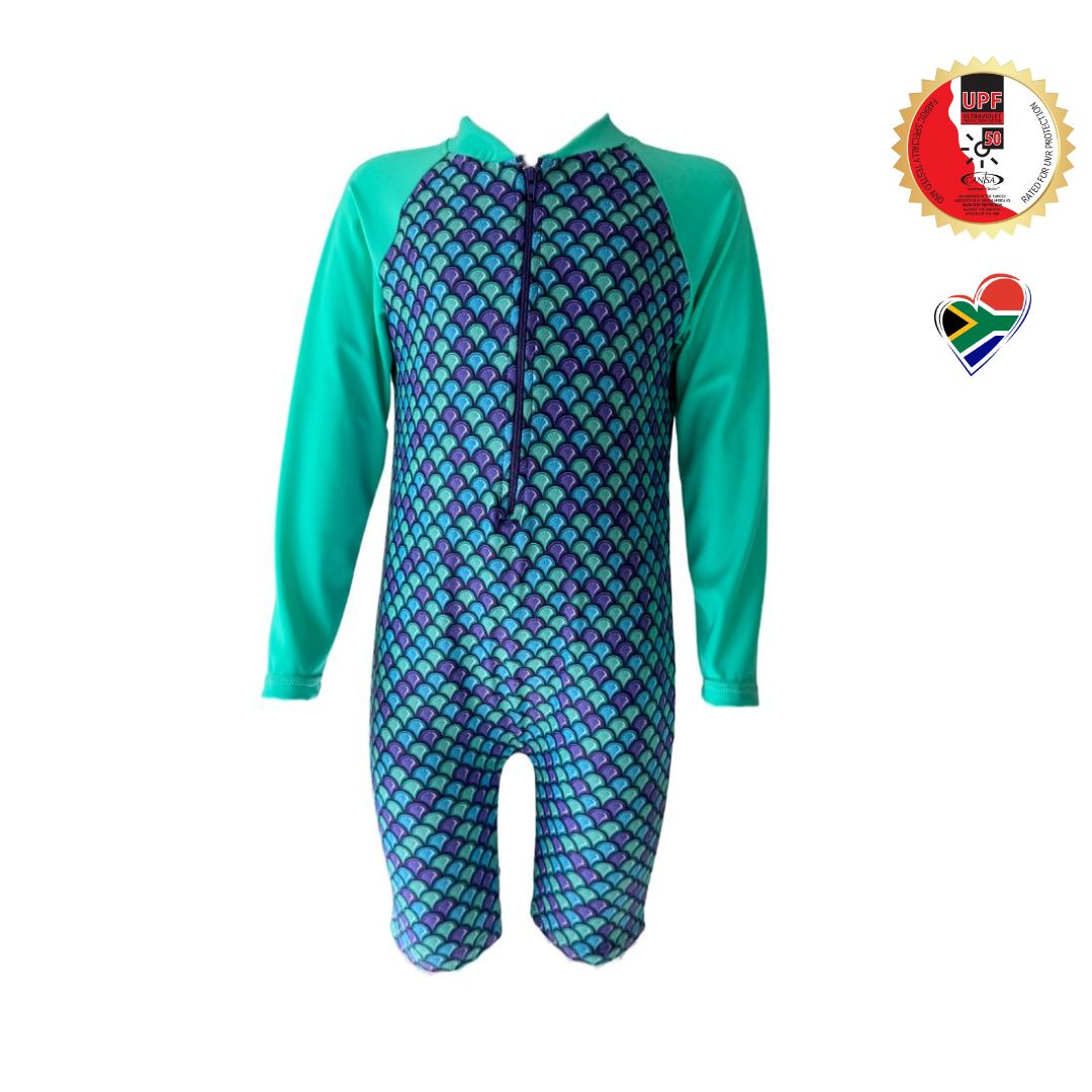 Girls Mermaid Onesie in bright vibrant colours. Long sleeves, high neck cover. UPF50+ certified. Front zip. Dermatologist approved.