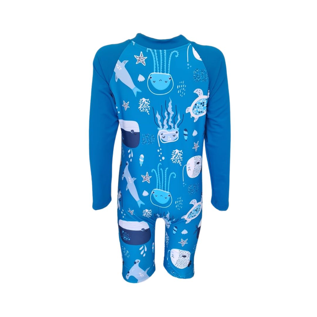 Boys blue sea creatures Swim Onesue Bathing Suit in bright vibrant colours. Long sleeves, high neck cover. UPF50+ certified. Front zip. Dermatologist approved