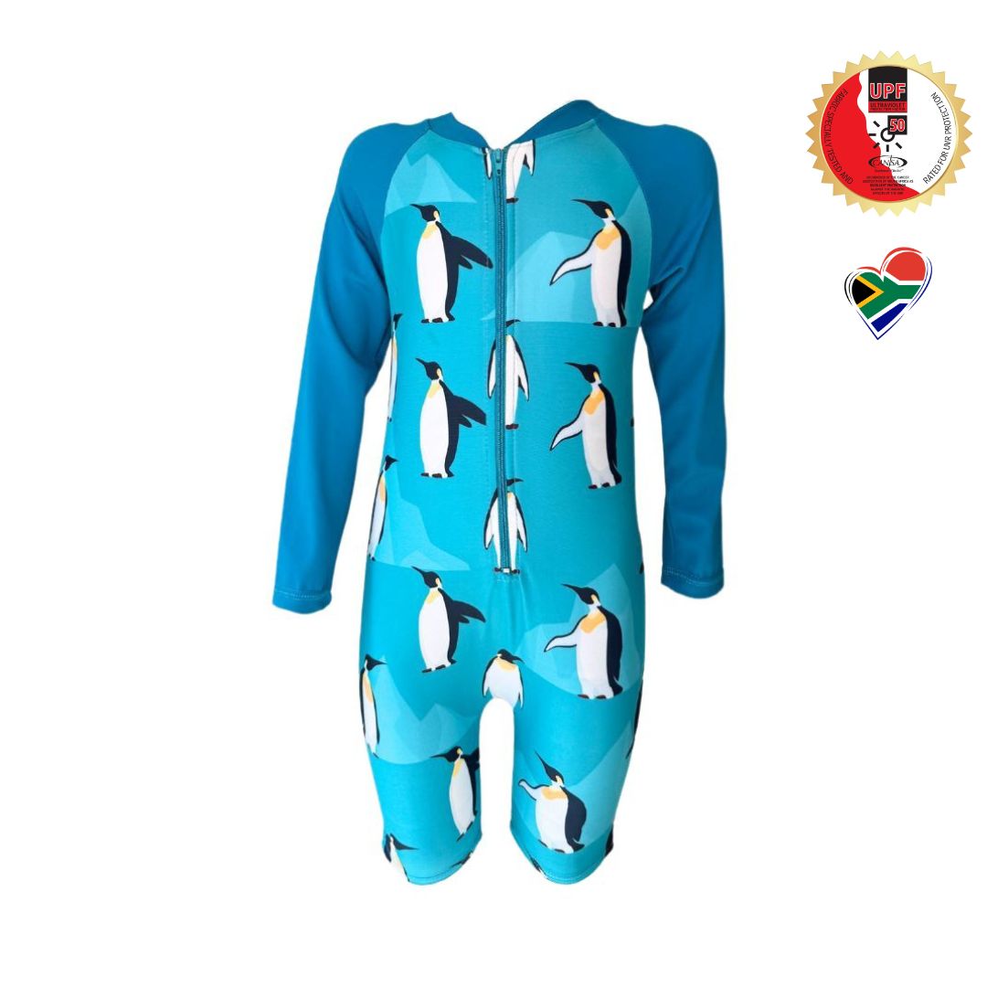 Penguins Onesie in bright vibrant colours. Long sleeves, high neck cover. UPF50+ certified. Front zip. Dermatologist approved