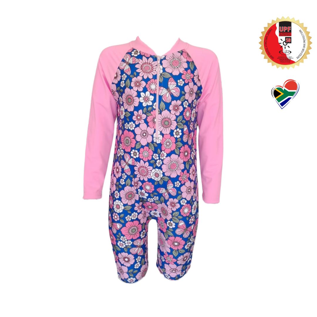Girls Flower Power Swim Onesie | Long Sleeve, Front Zip