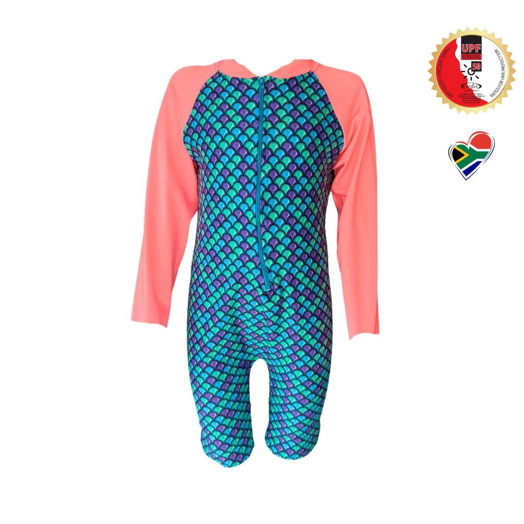Mermaid Onesie in bright vibrant colours. Long sleeves, high neck cover. UPF50+ certified. Front zip. Dermatologist approved