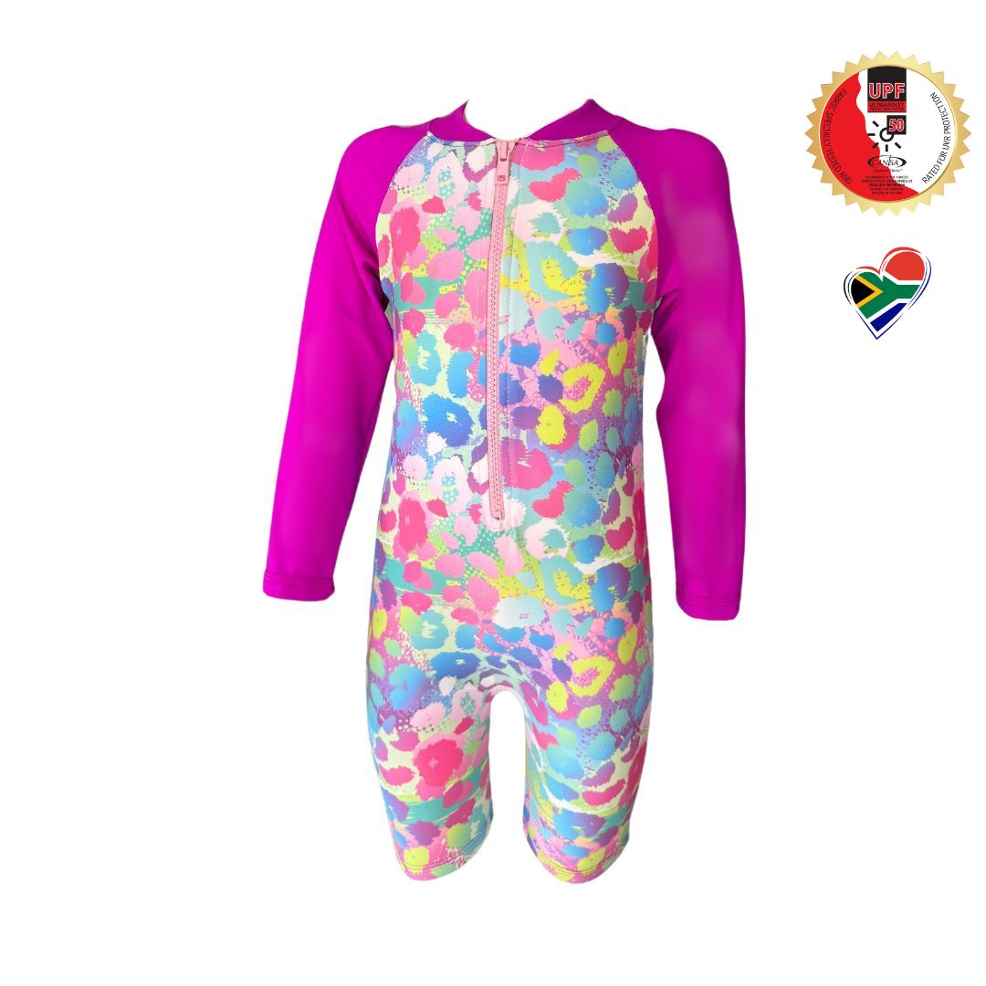 Pink leopard print Onesie in bright vibrant colours. Long sleeves, high neck cover. UPF50+ certified. Front zip. Dermatologist approved