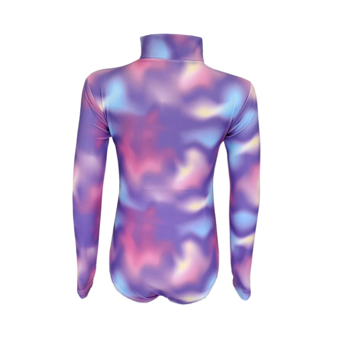 Girls Purple Neon Swirl Swim Costume. Bathing suit.  Swim apparel. Long Sleeves, High Neck, UPF50+ Sun protection. Dermatologist approved