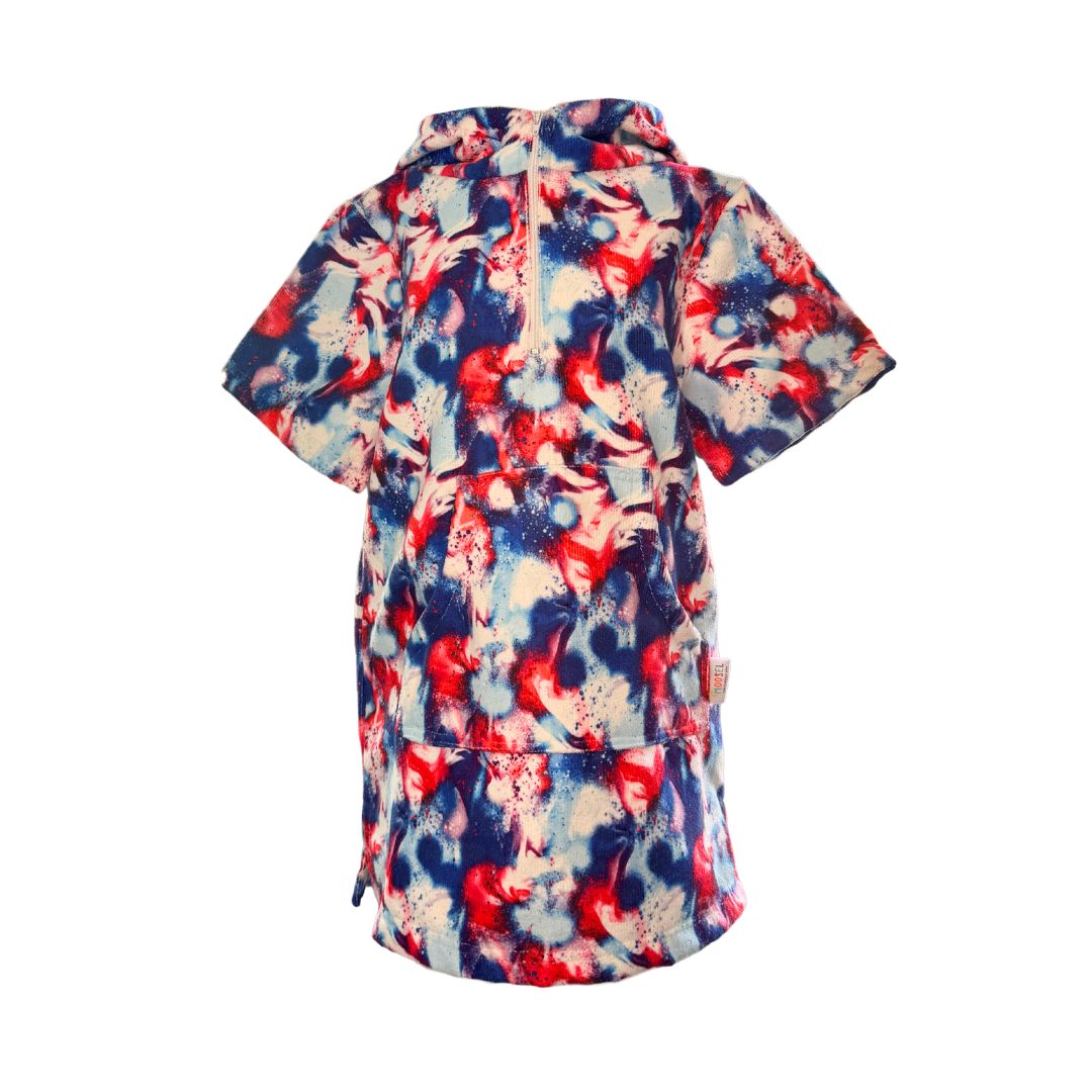 Kids Blue Red Colour Swirl Hooded Towel. Beach accessory. Hoodie to cover head. Short Sleeves. Front Zip & Pockets. UPF50+ Certified
