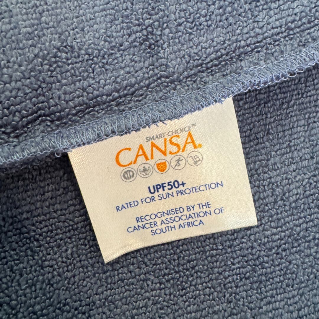 Kids Blue Hooded Towel. Beach accessory. Hoodie to cover head. Long Sleeves. Front Zip & Pockets. UPF50+ Certified