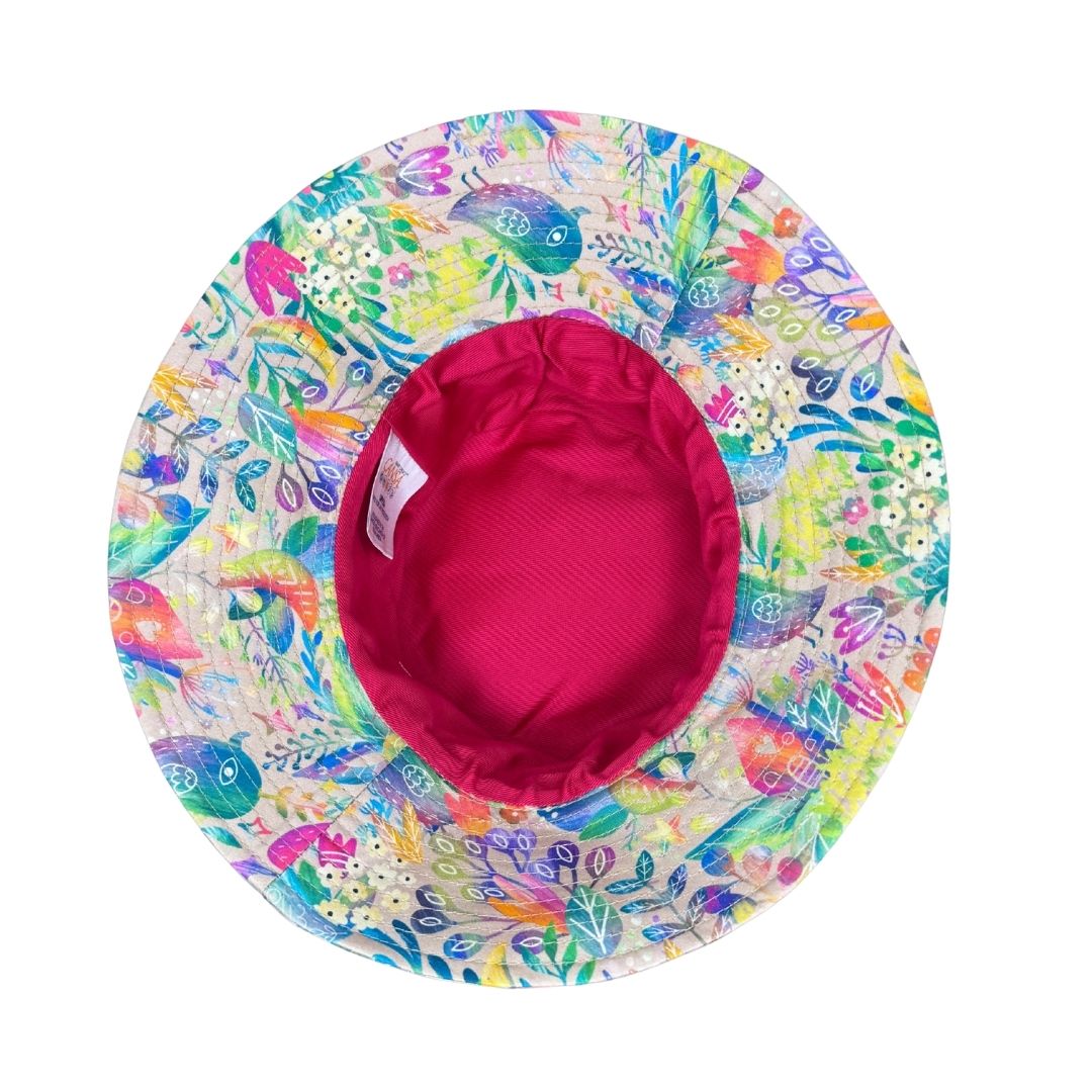 Girls Fairy Garden Print Bucket Hat. Extra wide brim for sun protection. UPF50+ Adjustable strap for windy days.