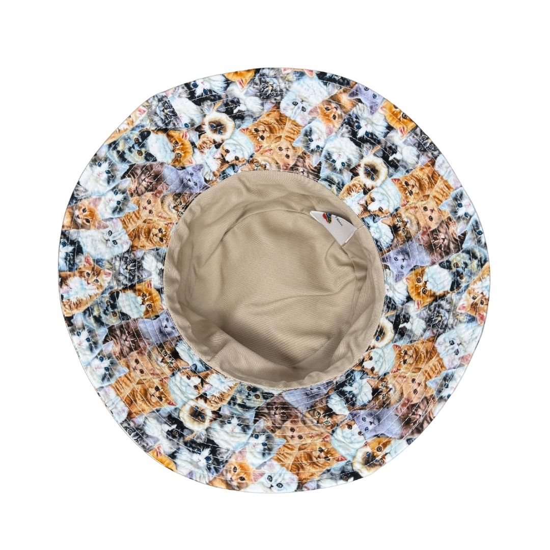 Cats Faces Kitty Meow Print Bucket Hat. Extra wide brim for sun protection. UPF50+ Adjustable strap.