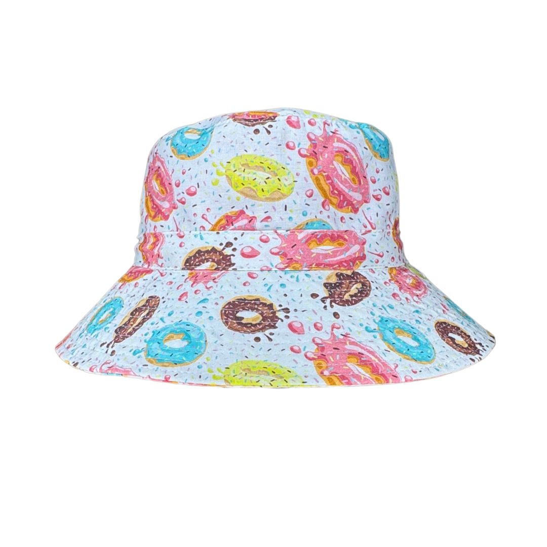 Kids Bright Fun Doughnuts Print Bucket Hat. Extra wide brim for sun protection. UPF50+ Adjustable strap.