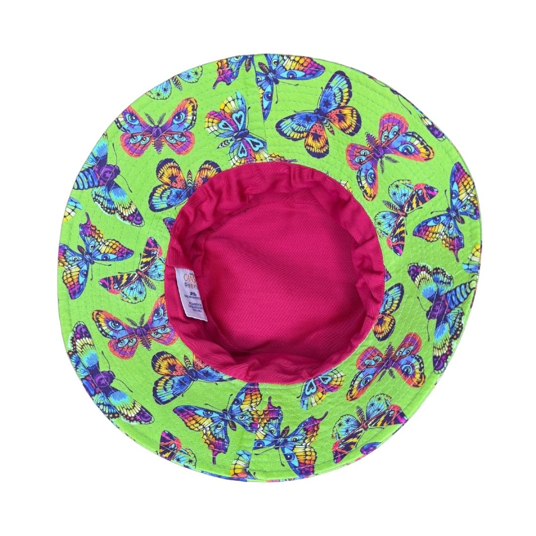 Girls Butterfly Butterflies Print Bucket Hat. Extra wide brim for sun protection. UPF50+ Adjustable strap for windy days.