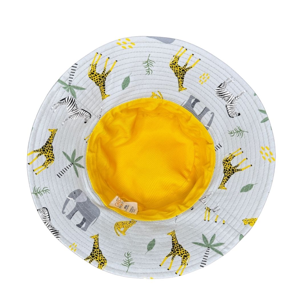 Grey Fabric with Safari Animals Printed Bucket Hat. Extra wide brim for sun protection. UPF50+ Adjustable strap for windy days.