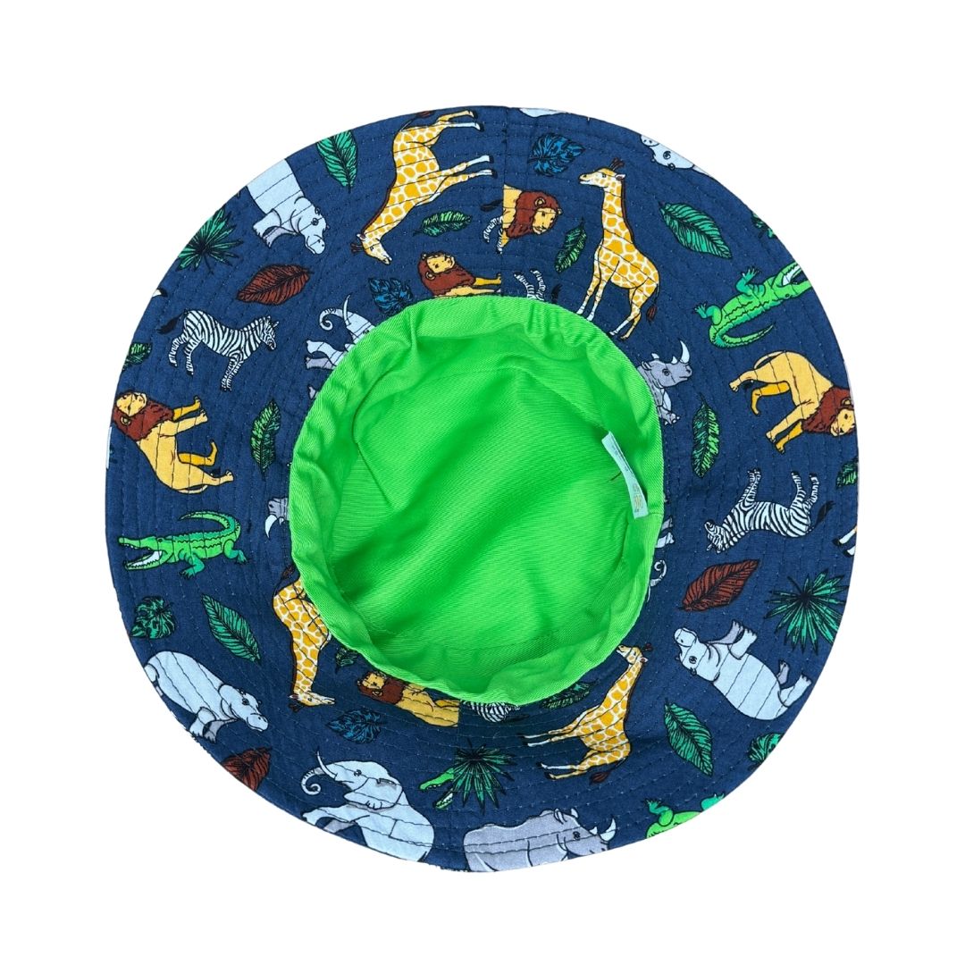 Navy Fabric with Safari Animals Print Bucket Hat. Extra wide brim for sun protection. UPF50+ Adjustable strap for windy days.
