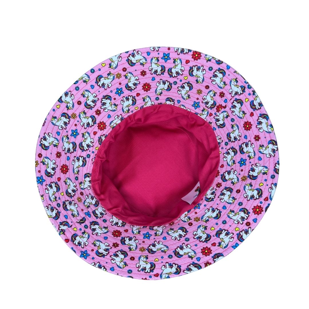 Girls Pink Unicorns Print Bucket Hat. Extra wide brim for sun protection. UPF50+ Adjustable strap for windy days.