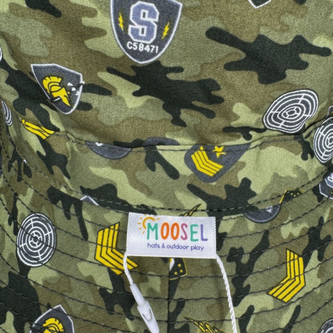 Green Camouflage Print Bucket Hat. Extra wide brim for sun protection. UPF50+ Adjustable strap for windy days.