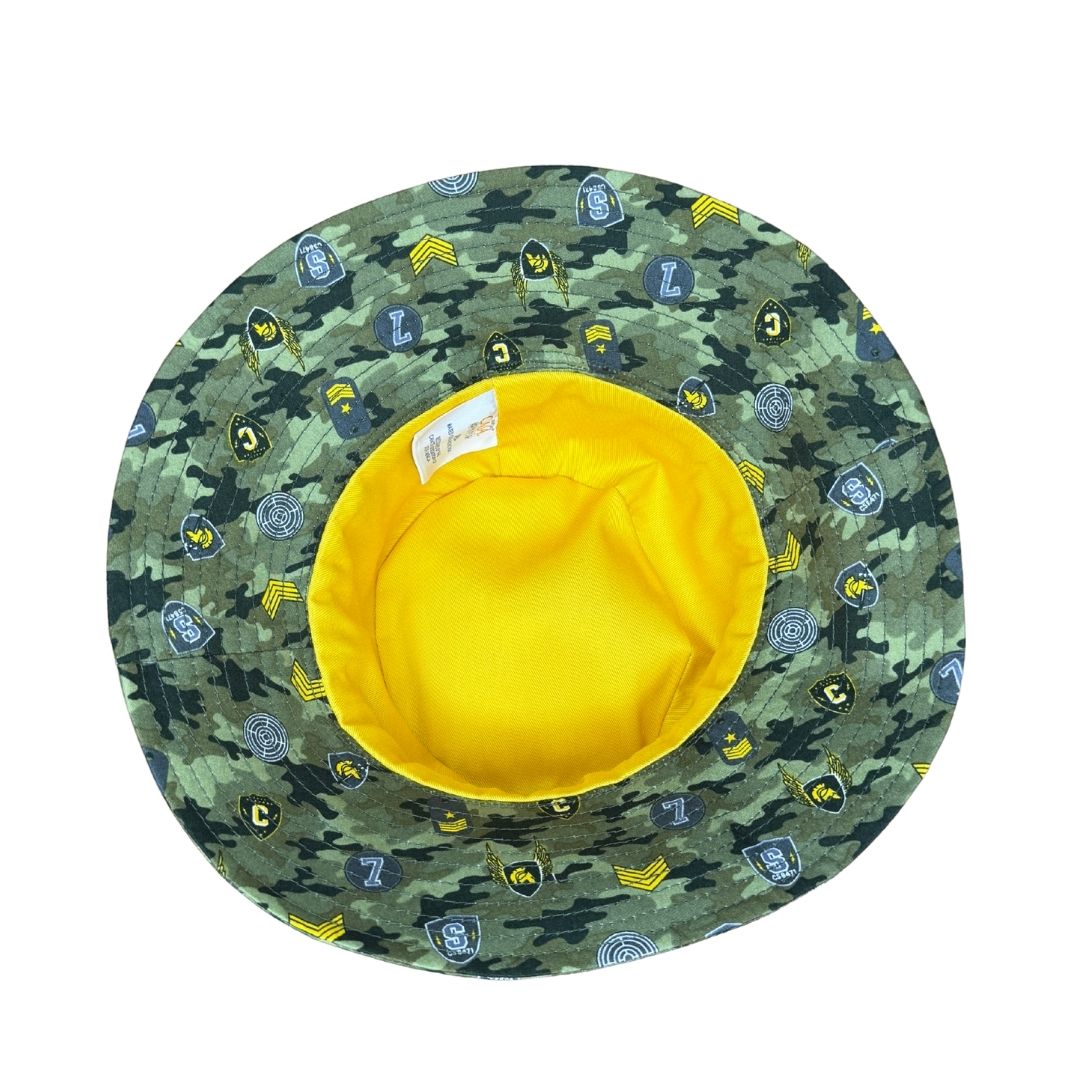 Green Camouflage Print Bucket Hat. Extra wide brim for sun protection. UPF50+ Adjustable strap for windy days.