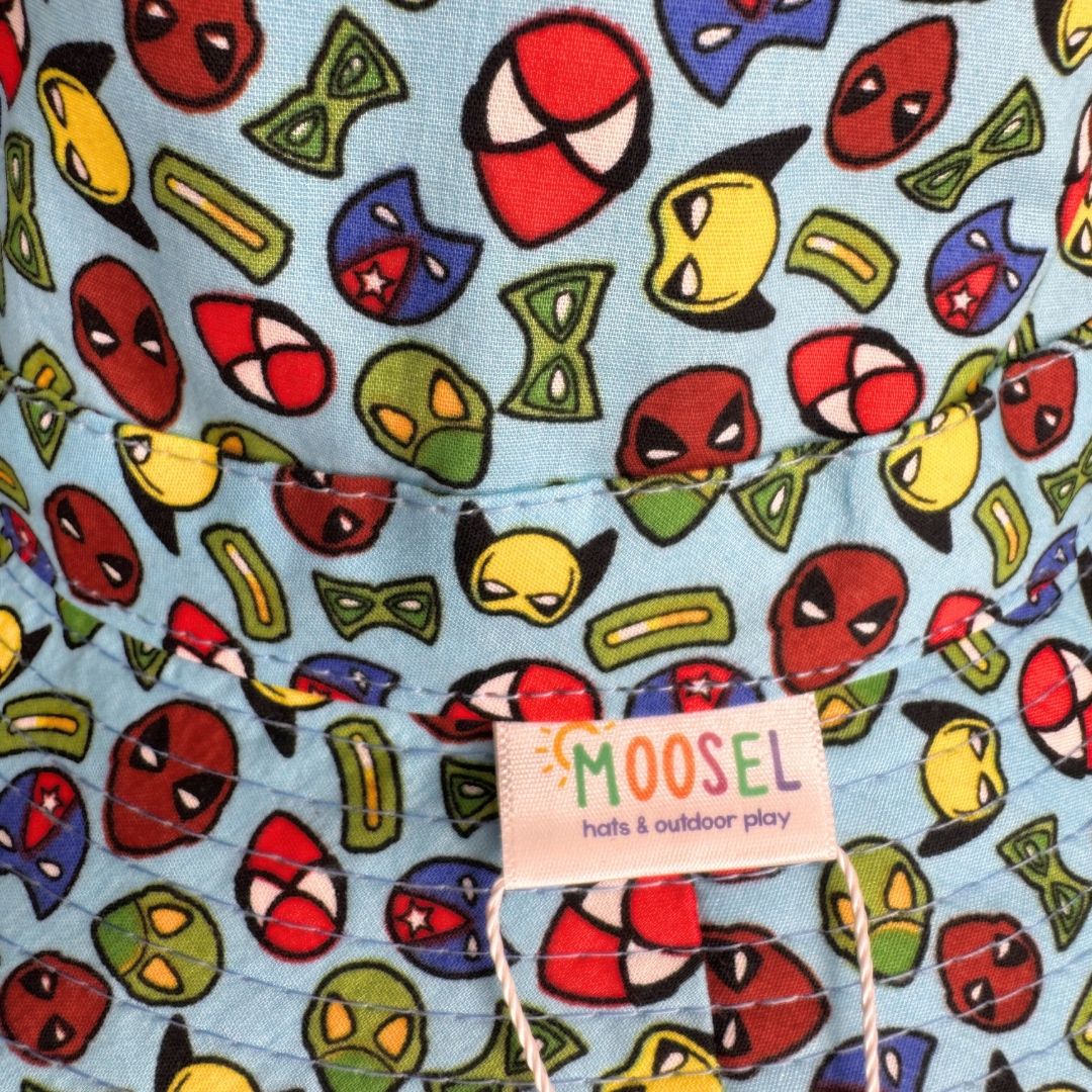 Boys Superhero Faces Print Bucket Hat. Extra wide brim for sun protection. UPF50+ Adjustable strap for windy days.