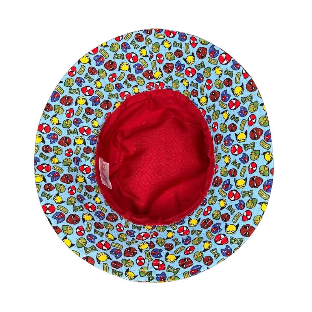 Boys Superhero Faces Print Bucket Hat. Extra wide brim for sun protection. UPF50+ Adjustable strap for windy days.