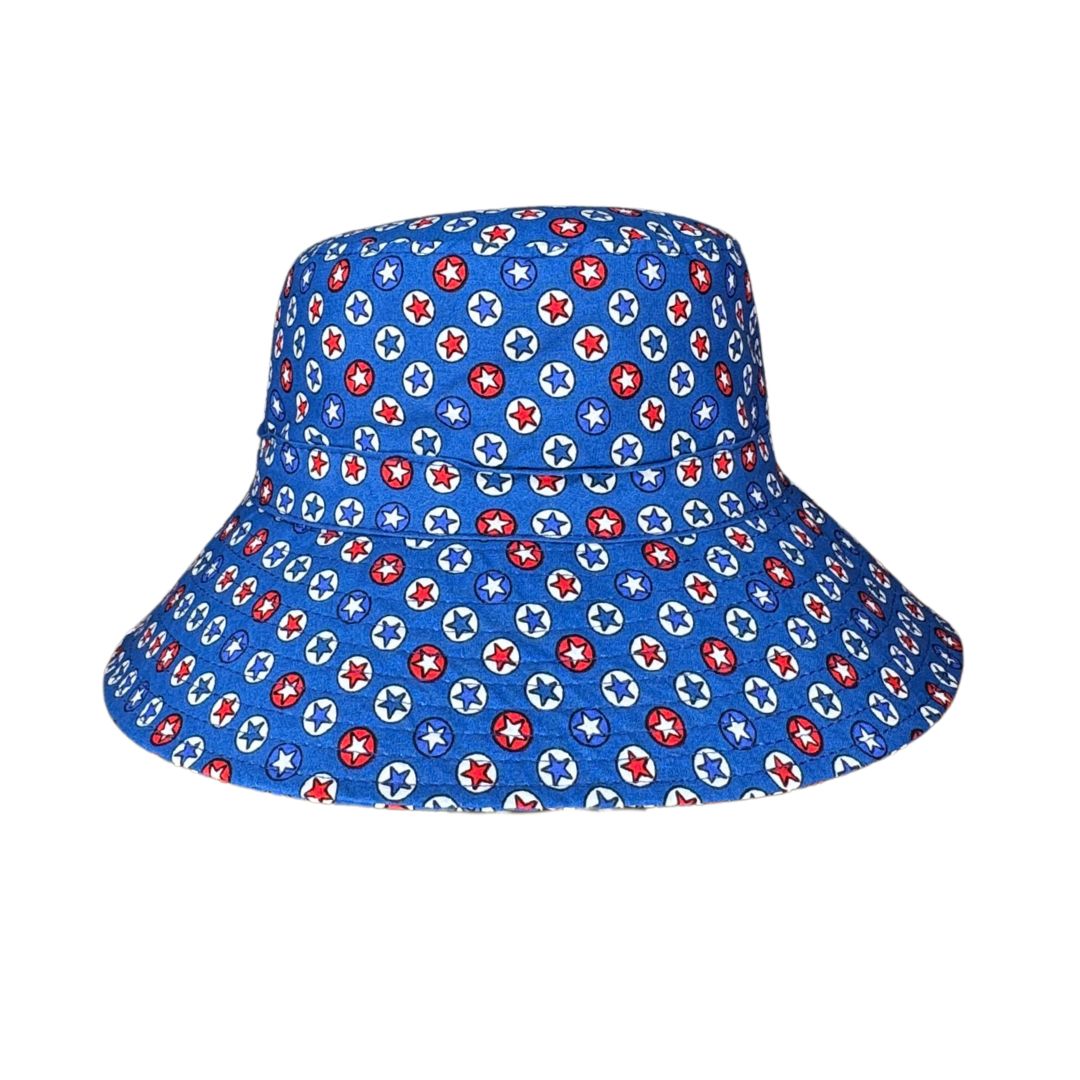 Boys Blue Captain America Stars Theme Bucket Hat. Extra wide brim for sun protection. UPF50+ Adjustable strap.