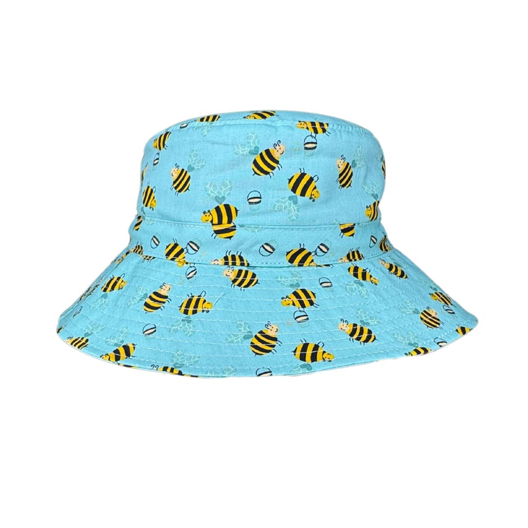 Kids Teal Green Fabric with Bees Bucket Hat. Extra wide brim for sun protection. UPF50+ Adjustable strap.