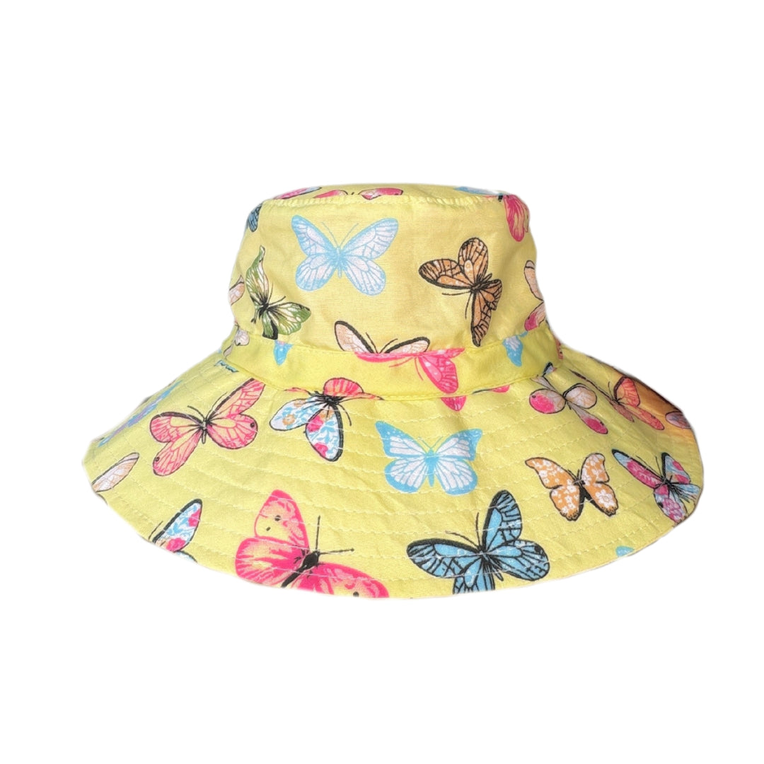 Girls Yellow and Butterflies Butterfly Bucket Hat. Extra wide brim for sun protection. UPF50+ Adjustable strap.