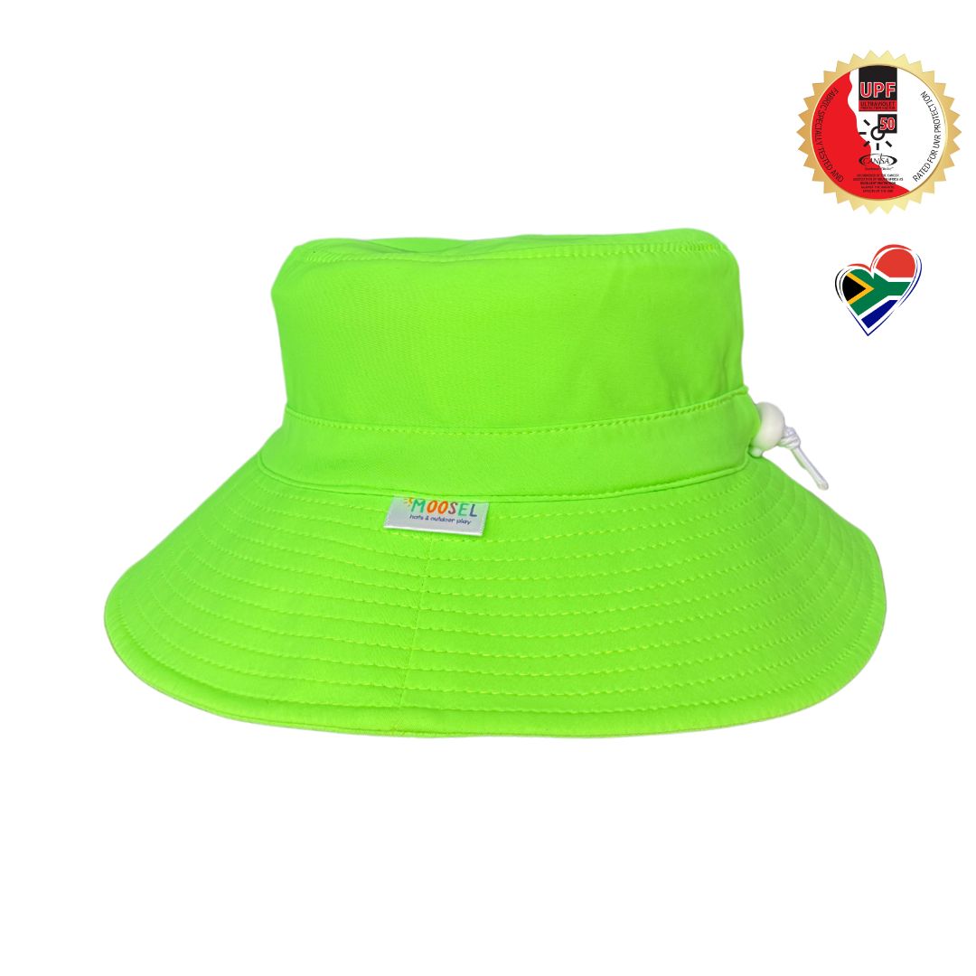 Bright High Visibility Neon Swim Bucket Hats for kids water safety. Easy to spot kids. Approved by Dermatologists & Cancer Association for sun safe best product.