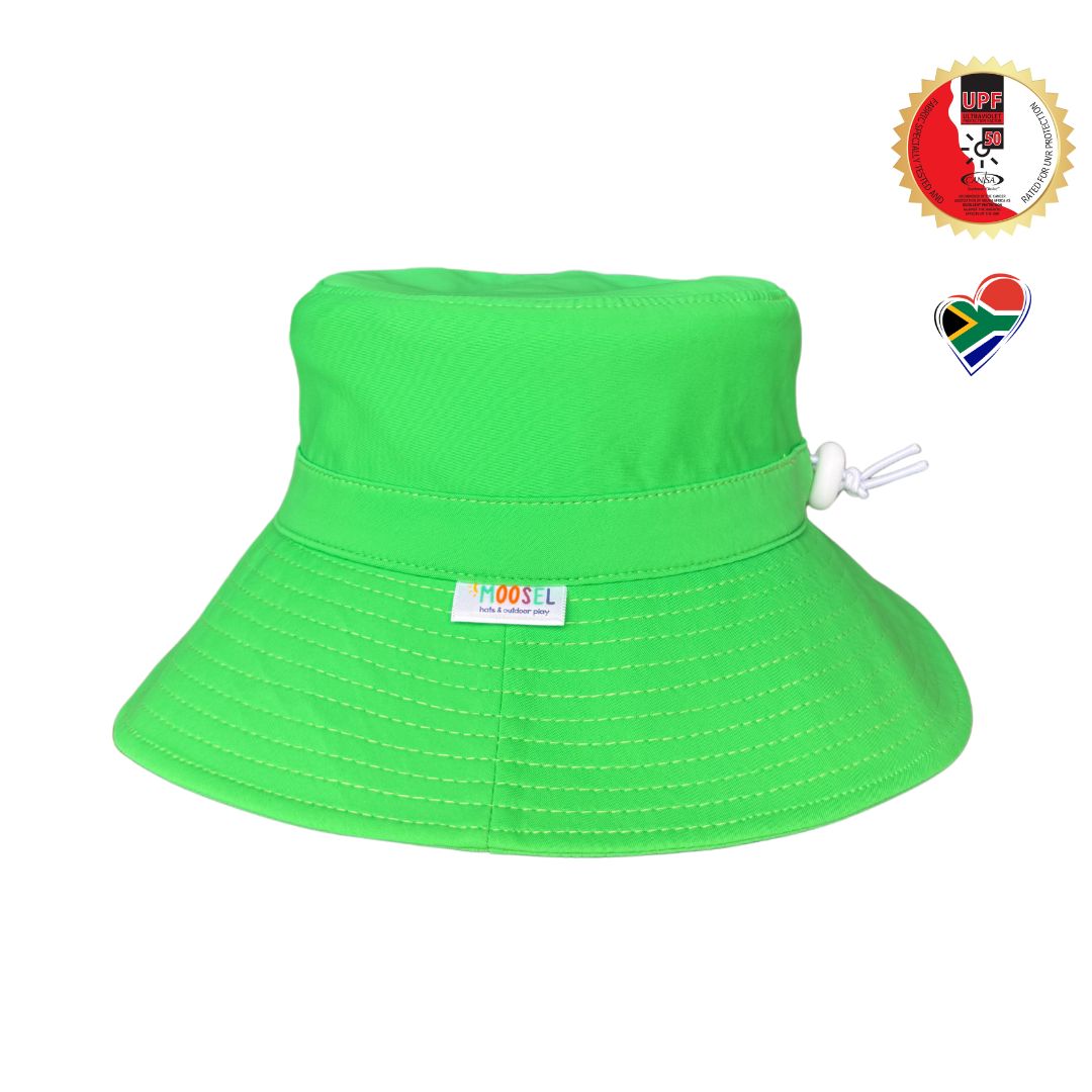 Bright High Visibility Neon Swim Bucket Hats for kids water safety. Easy to spot kids. Approved by Dermatologists & Cancer Association for sun safe best product.