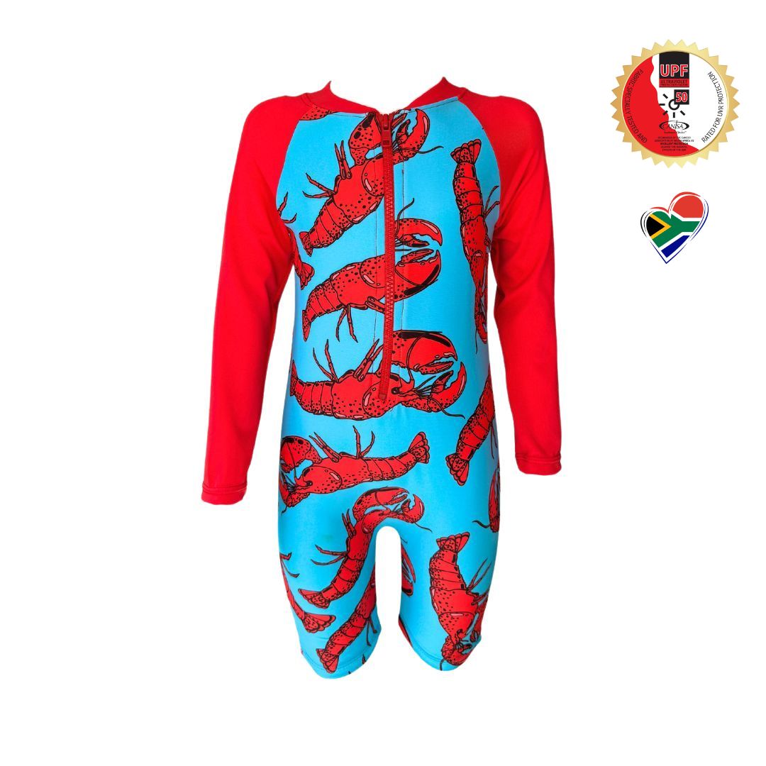 Boys blue & red Onesie in bright vibrant colours. Long sleeves, high neck cover. UPF50+ certified. Front zip. Dermatologist approved