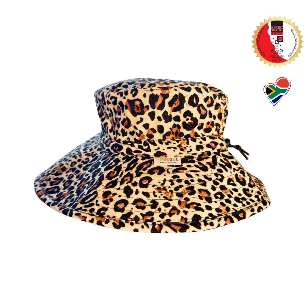 Womens Classic Leopard Print bucket hat. Cancer Association & Dermatologist approved, UPF50 sun protection. Adjustable strap & extra wide brim.