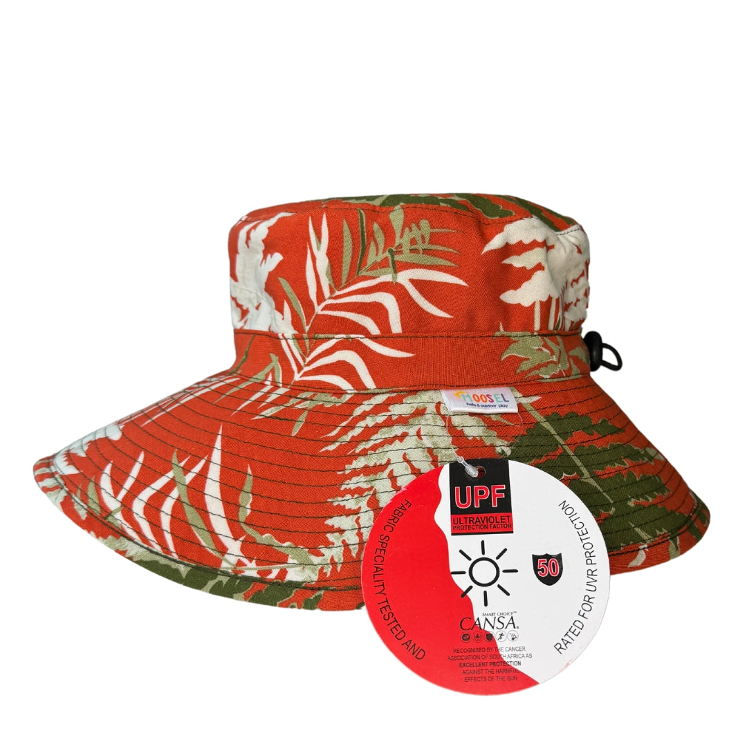 Orange Green Floral Bucket Hat. Extra wide brim for sun protection. UPF50+ Adjustable strap.
