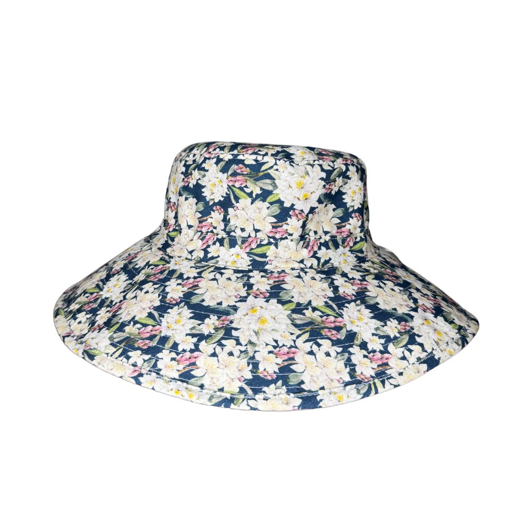 Floral Bucket Hat. Extra wide brim for sun protection. UPF50+ Adjustable strap for windy days.